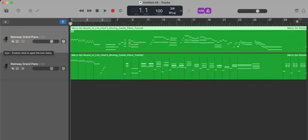 Screenshot of GarageBand displaying piano midi notes