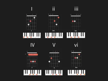 Chord diagrams for C major scale: I–ii–iii–IV–V–vi chords shown on piano keys and guitar fretboards — includes C, Dm, Em, F, G, Am — beginner guide to chord progressions.