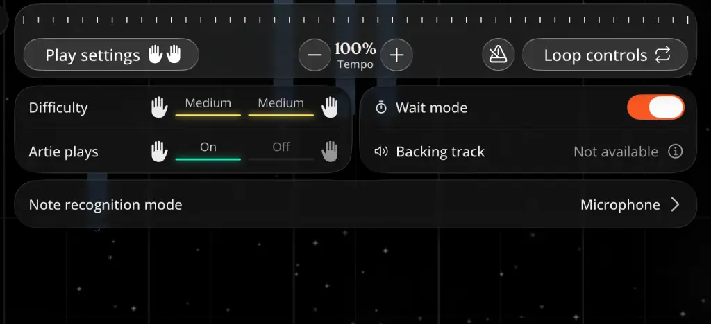 Screen shot of Artie piano app with play settings (difficulty, Wait mode, loop controls, toggle left and right hand)