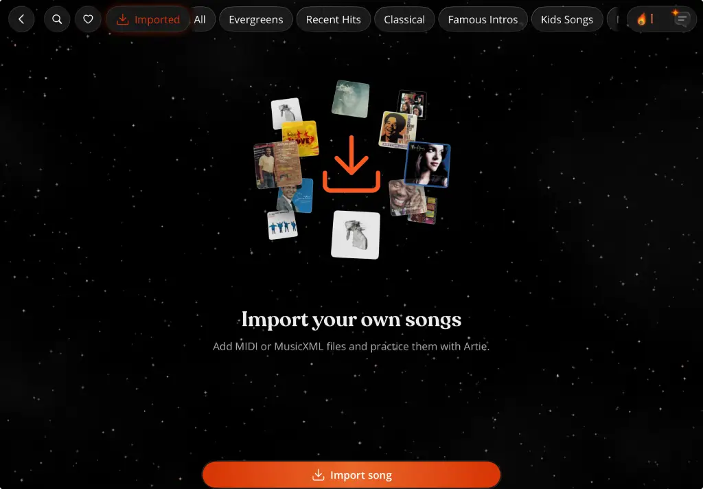 Screenshot of Artie piano app, import own song page