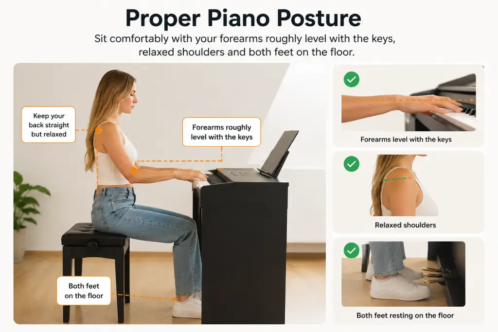Proper piano posture showing relaxed shoulders, forearms level with the keyboard and both feet flat on the floor.