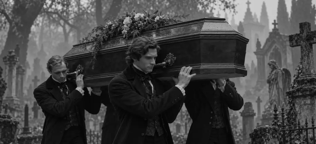 Pallbearers in 19th-century mourning clothes carrying a wooden coffin through a misty Gothic cemetery, evoking the era of Chopin's Funeral March.