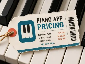 A price tag reading 'Piano App Pricing' with monthly, annual and family plan prices, resting on piano keys