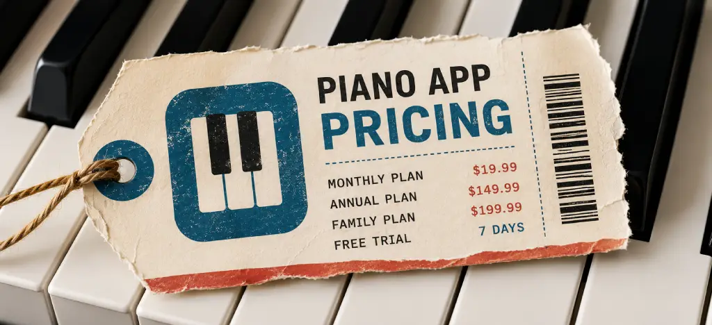 A price tag reading 'Piano App Pricing' with monthly, annual and family plan prices, resting on piano keys