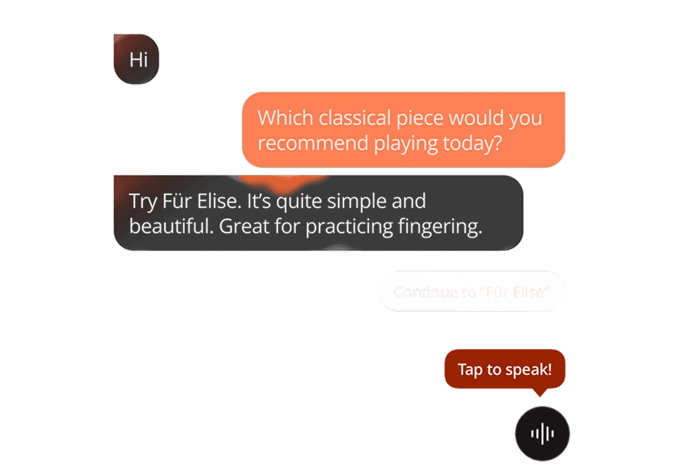 Artie AI piano teacher answering a question about what to play