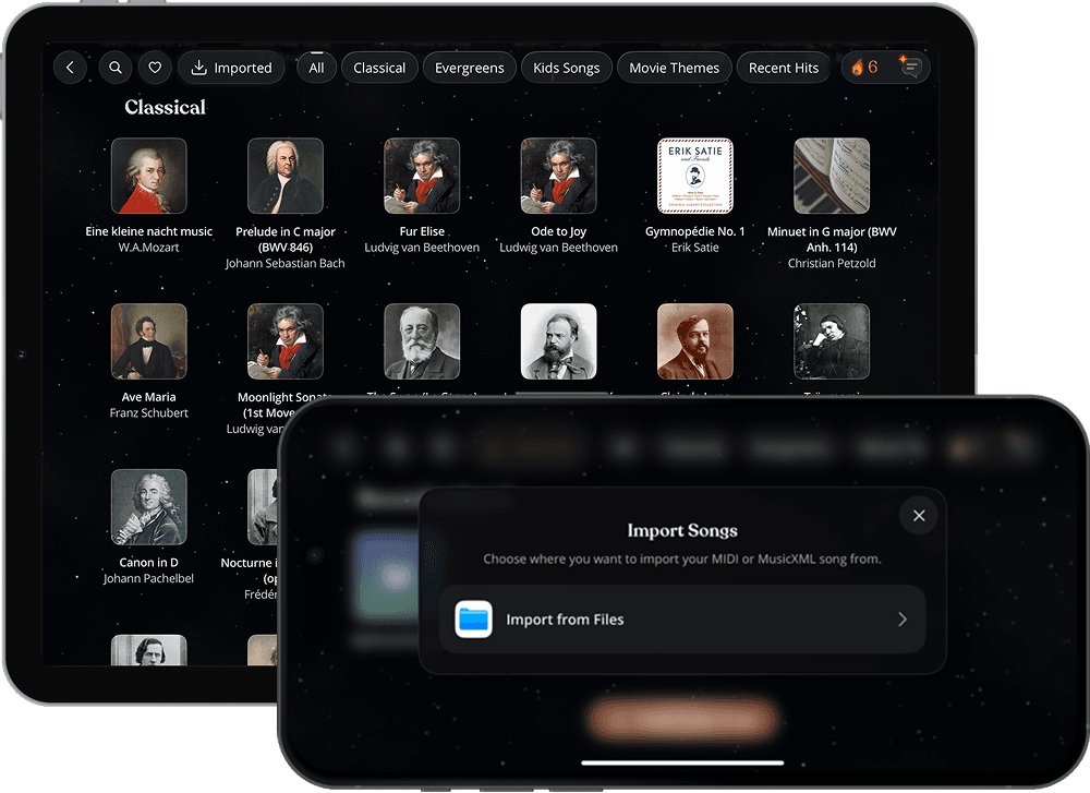 Artie piano app showing its song library and the option to import MIDI or MusicXML files