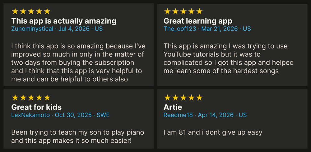 Five-star App Store reviews from people learning piano with Artie