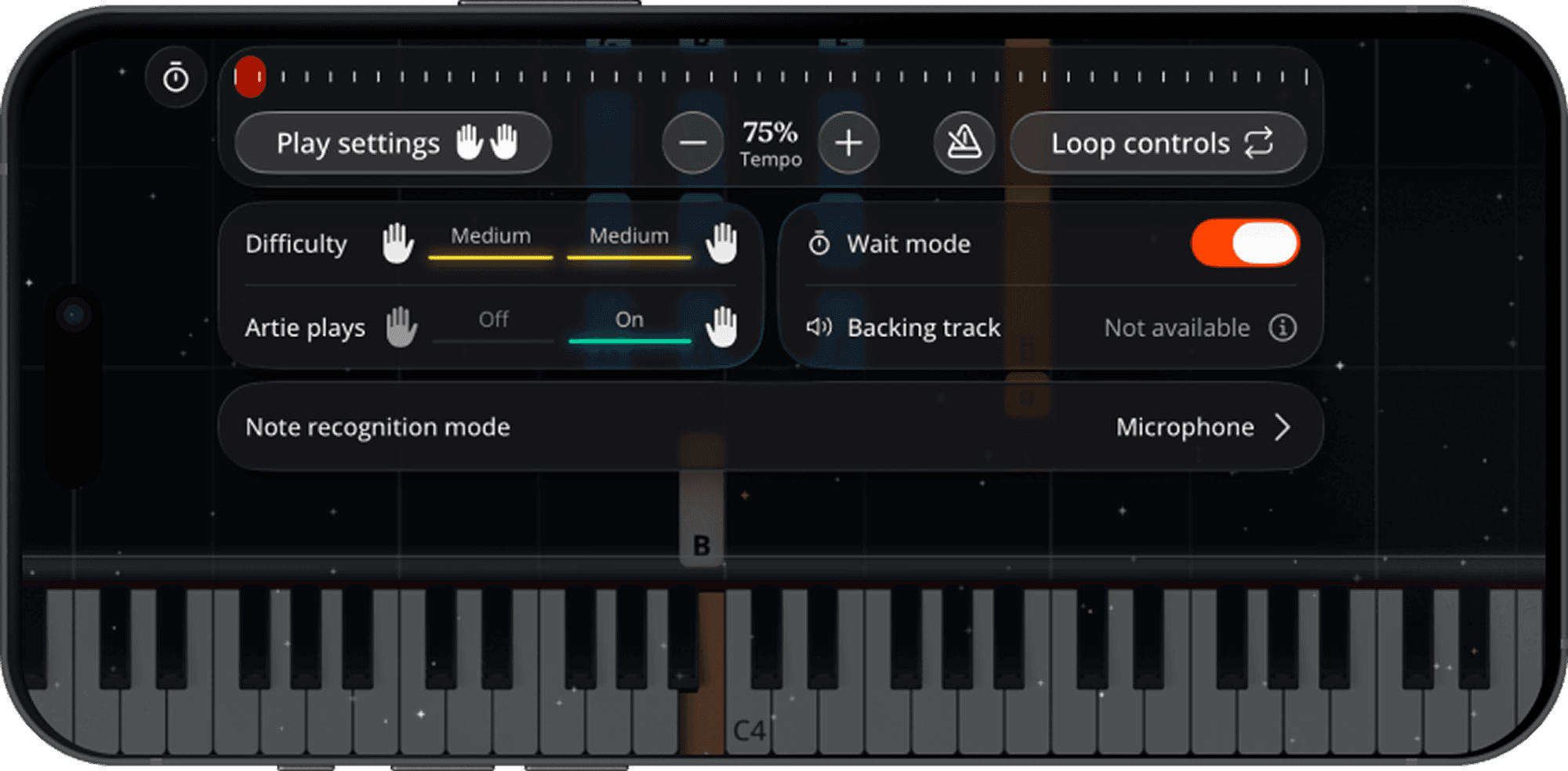 Artie piano practice controls for tempo, separate hands, looping and Wait Mode