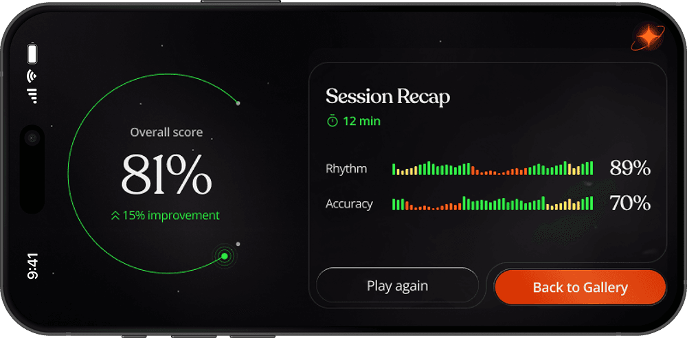 Artie piano session recap showing rhythm, accuracy and overall score